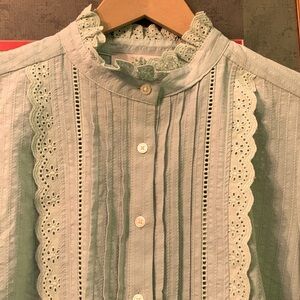 Loft Victorian Style Embroidered Eyelets Long Sleeved Solid Mint Green Blouse. M